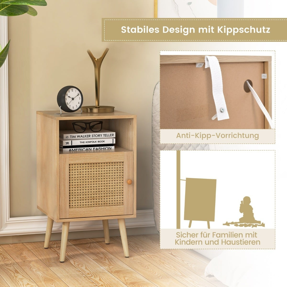 Rattan Nightstand Set with Storage, Open Shelf & Door