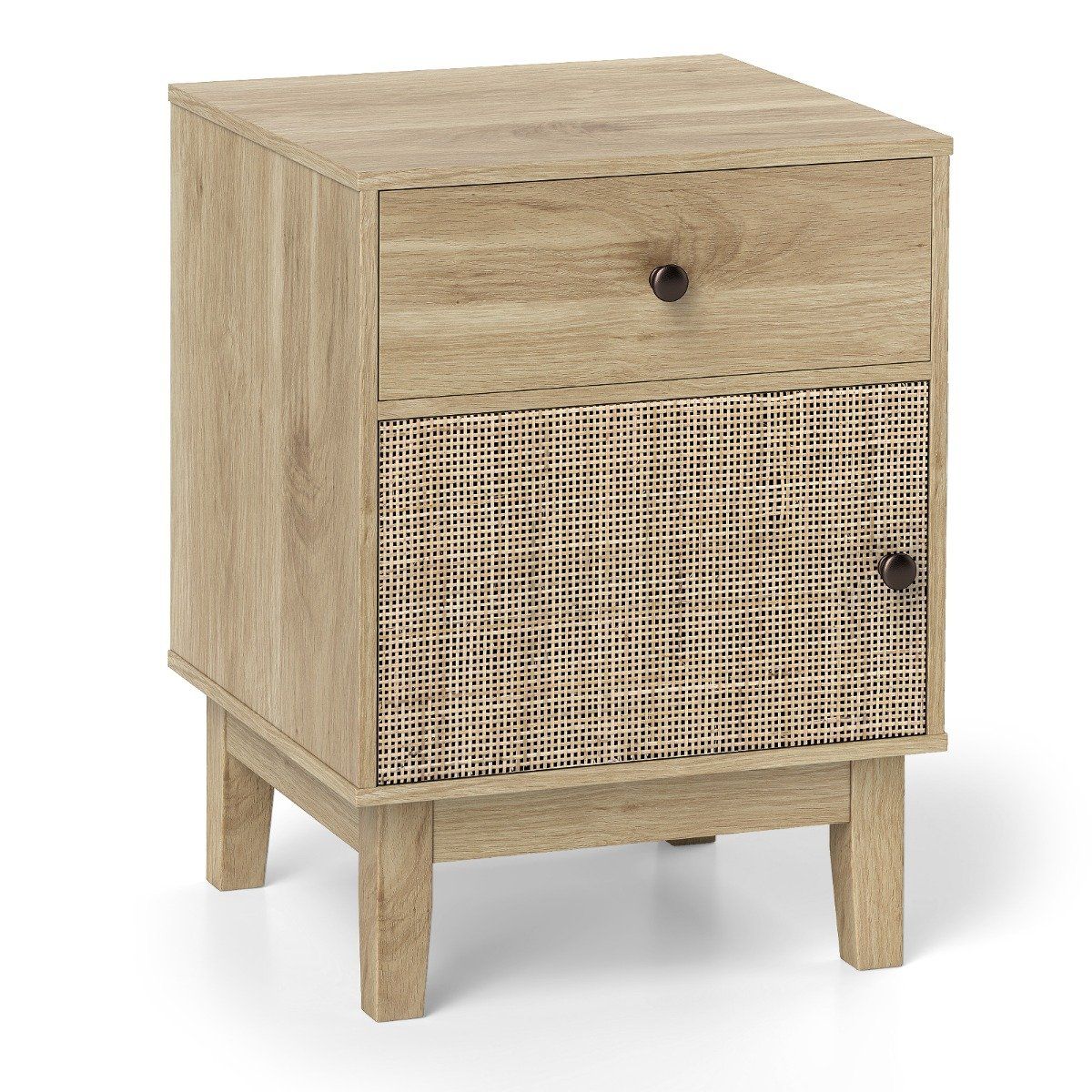 Rattan Nightstand with Drawer & Cabinet – Boho Style
