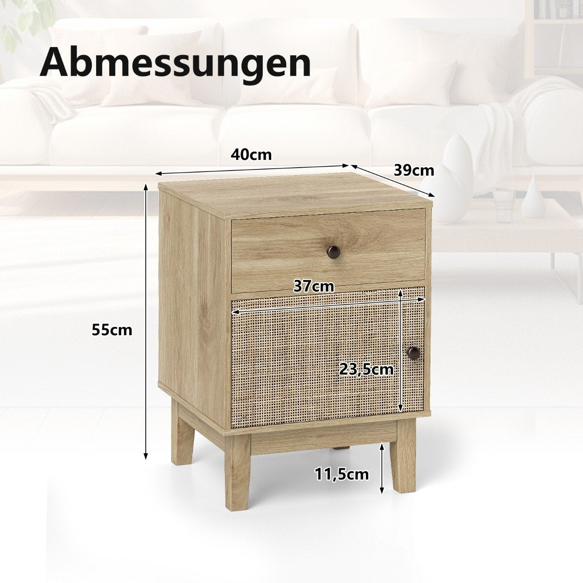 Rattan Nightstand with Drawer & Cabinet – Boho Style