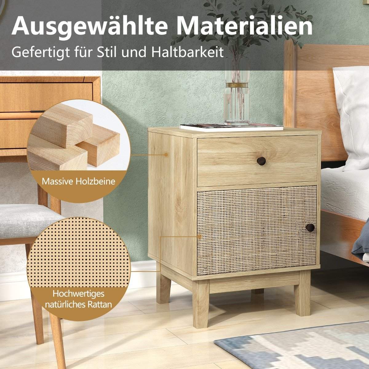 Rattan Nightstand with Drawer & Cabinet – Boho Style