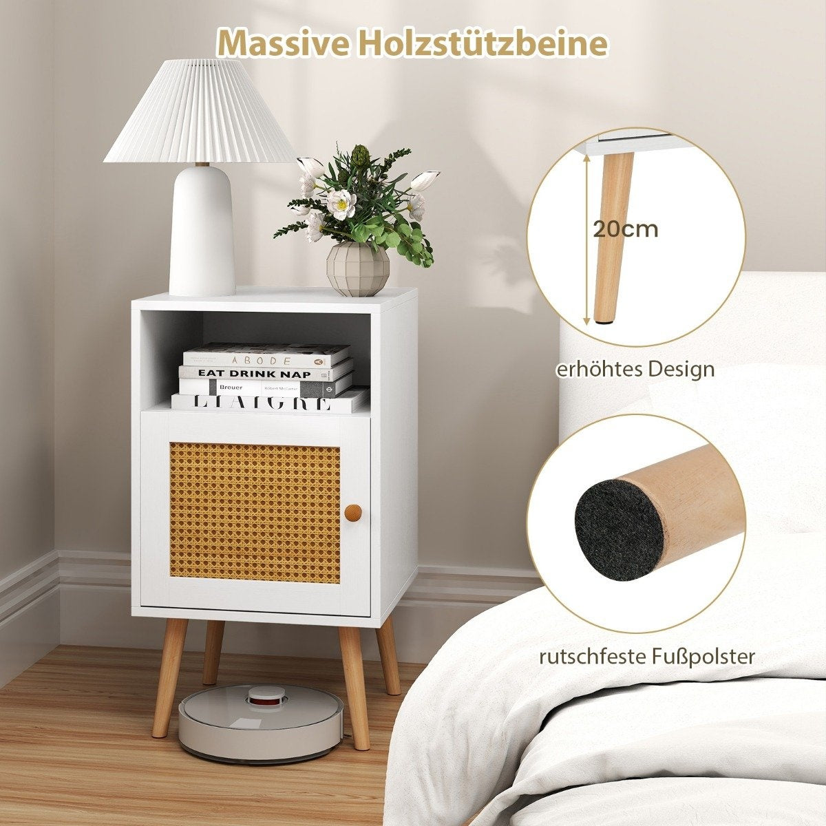 Rattan Nightstand with Storage, Open Shelf & Door, White