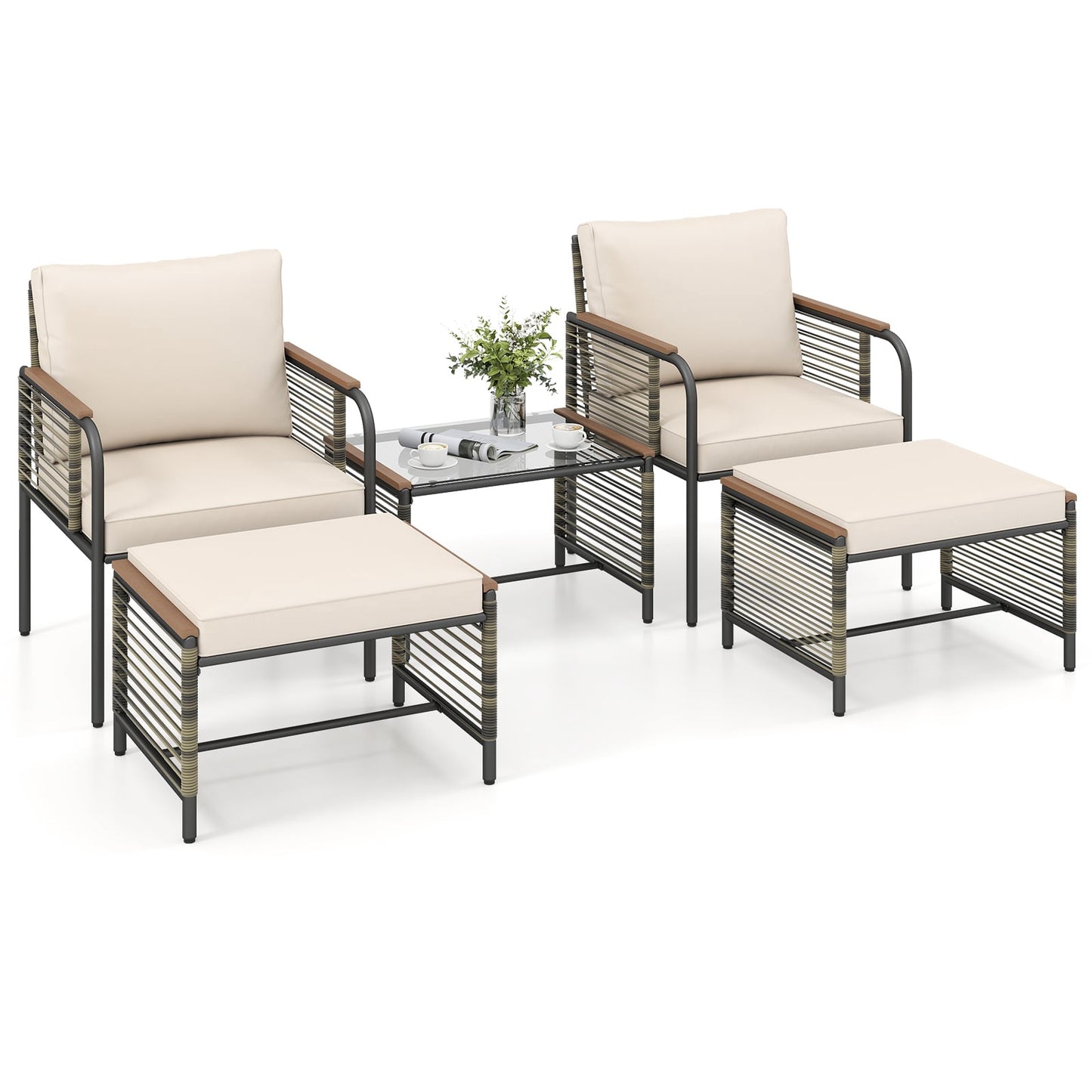 Rattan Outdoor Furniture Set, 5-Piece with Cushions