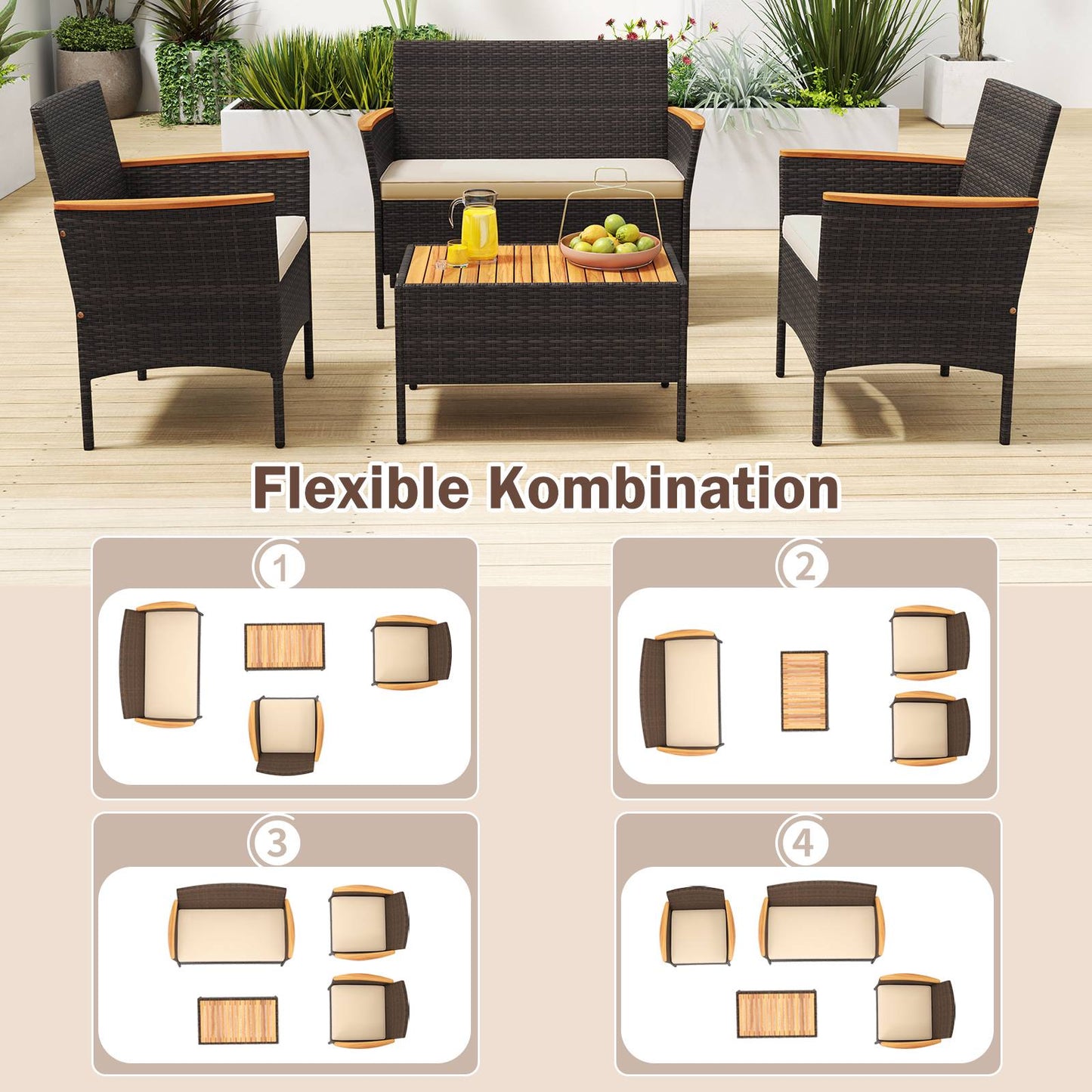 Rattan Outdoor Furniture Set with Chairs, Bench, Table & Cushions