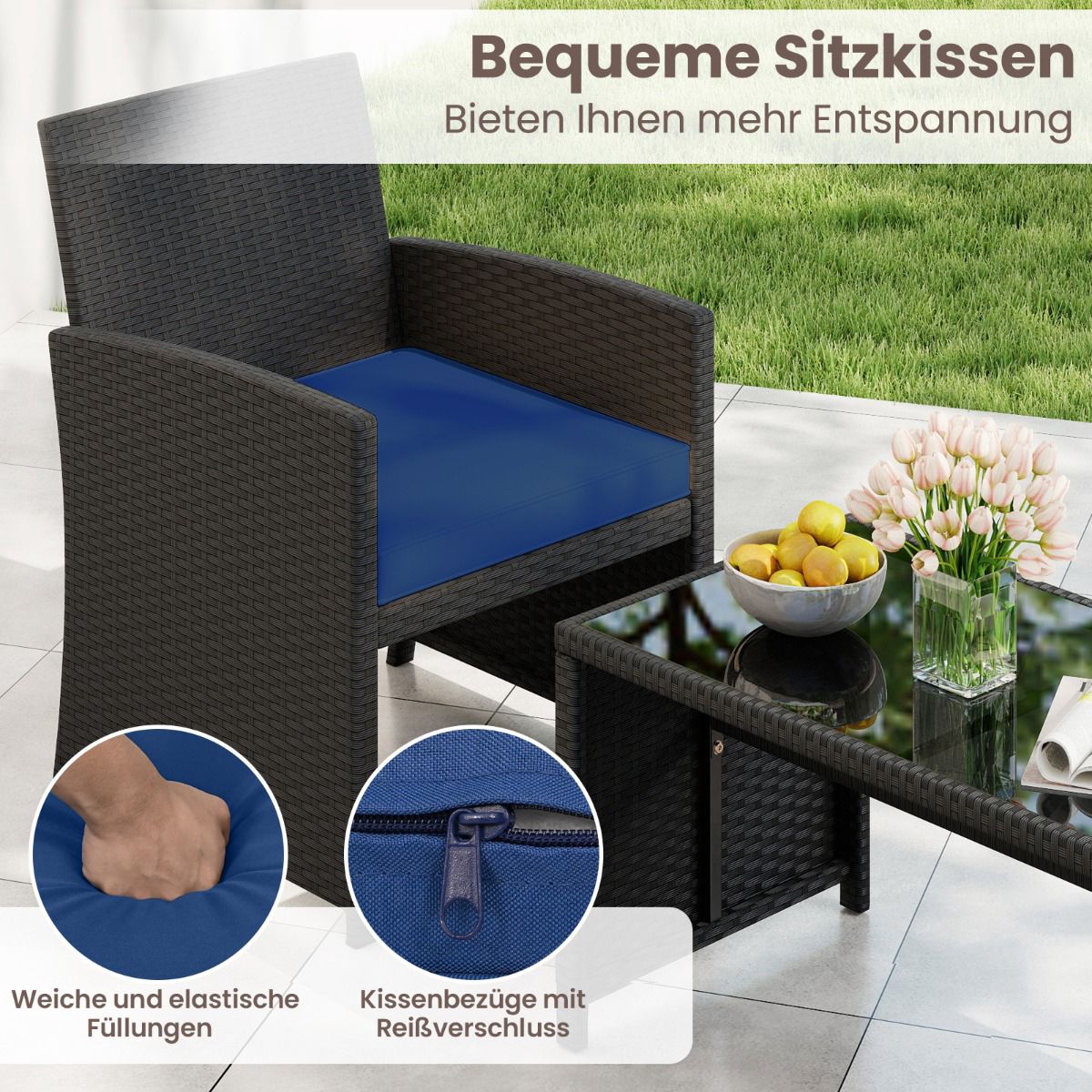 Rattan Outdoor Furniture Set with Cushions – Blue