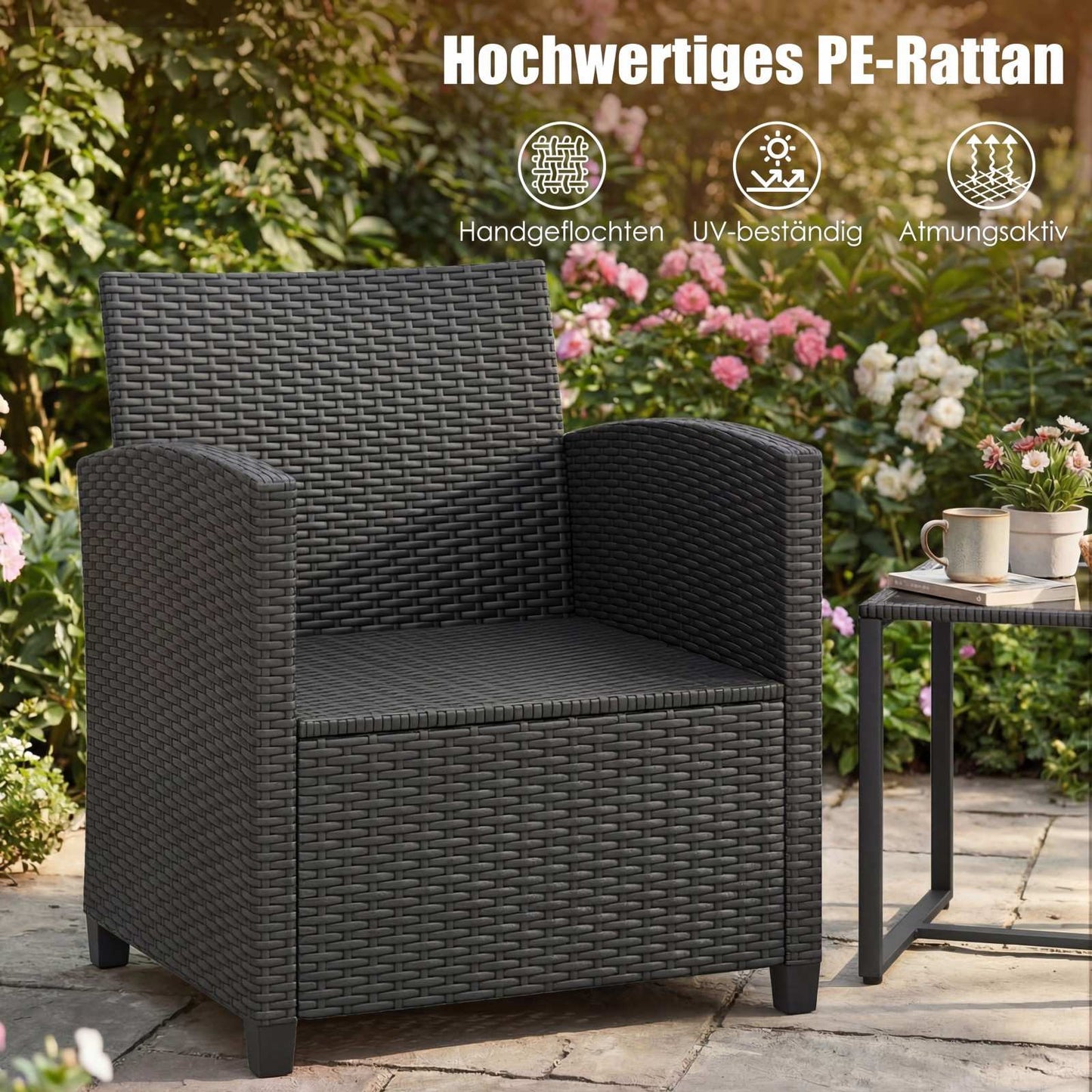 Rattan Outdoor Furniture Set with Cushions & Glass Table