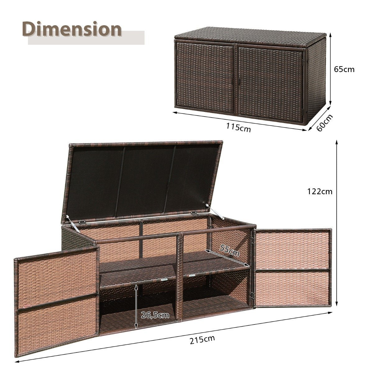 Rattan Patio Box with 335L Capacity Steel Frame for Storage Brown