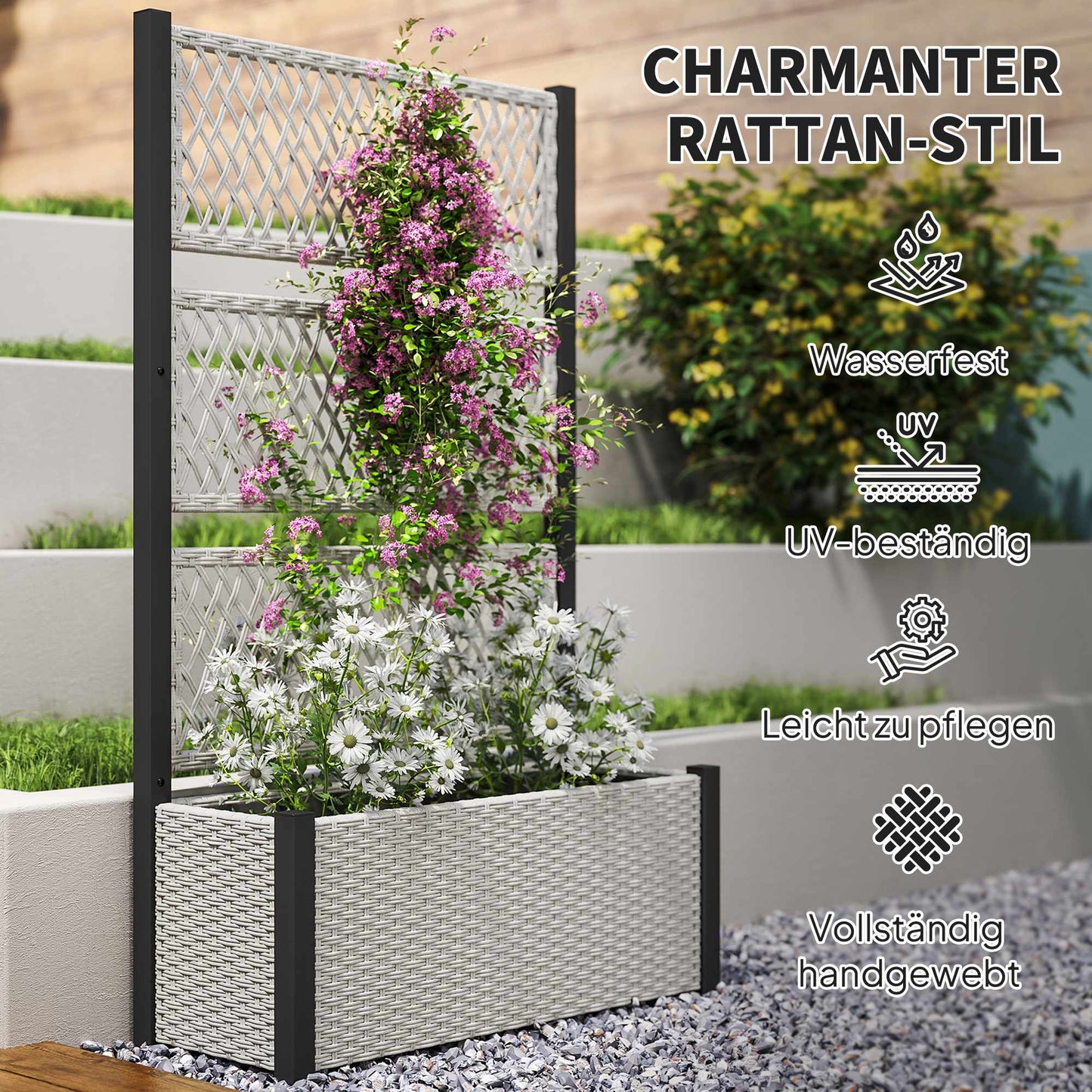 Rattan Raised Planter with Trellis, 90x35x148cm, Grey