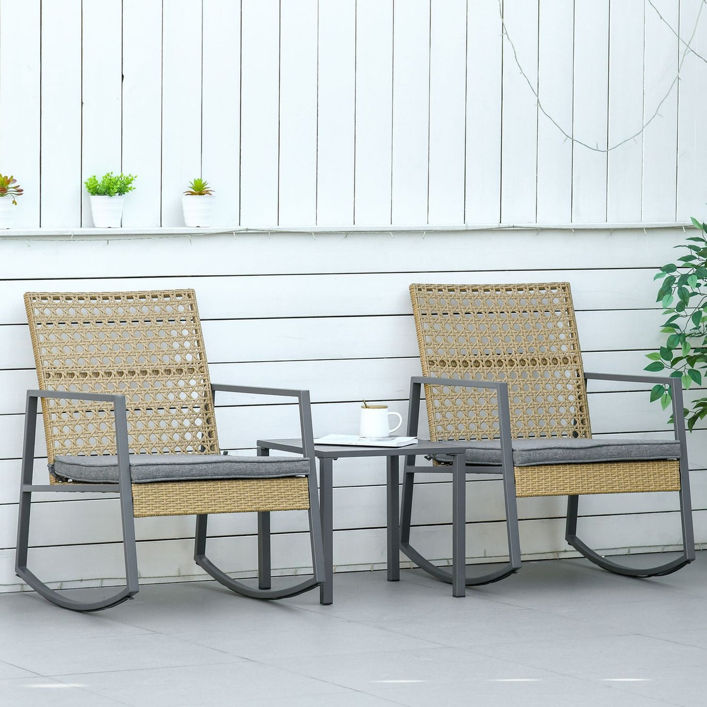 Rotting Bistro rocking chair set, 2 chairs & table, cushions