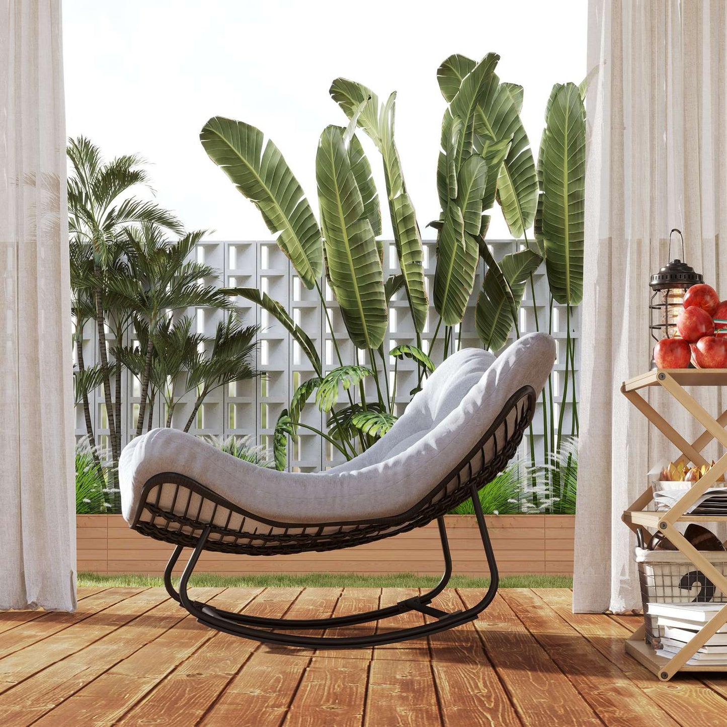 Rattan Rocking Garden Bench with steel frame and cushion