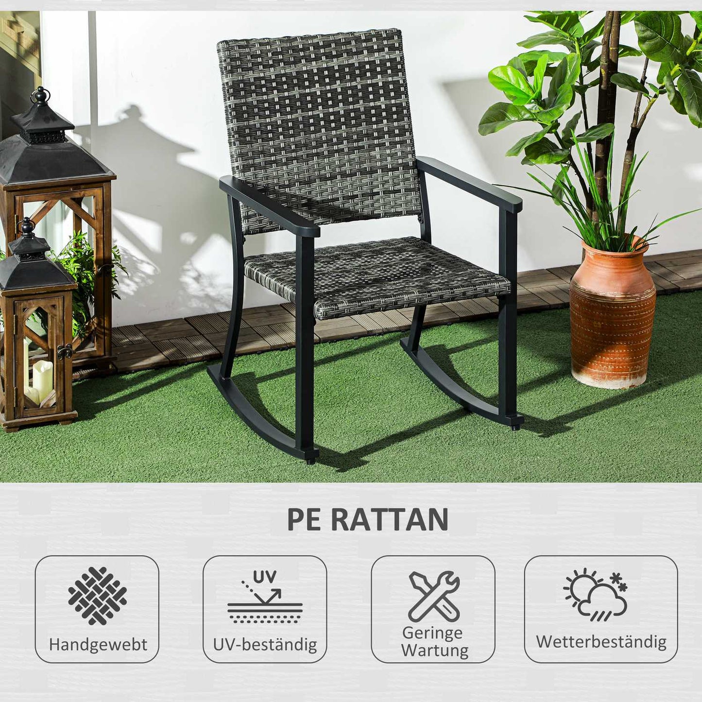 Rattan rocking chair, gray - patio & balcony sun lounger 62x75x95cm