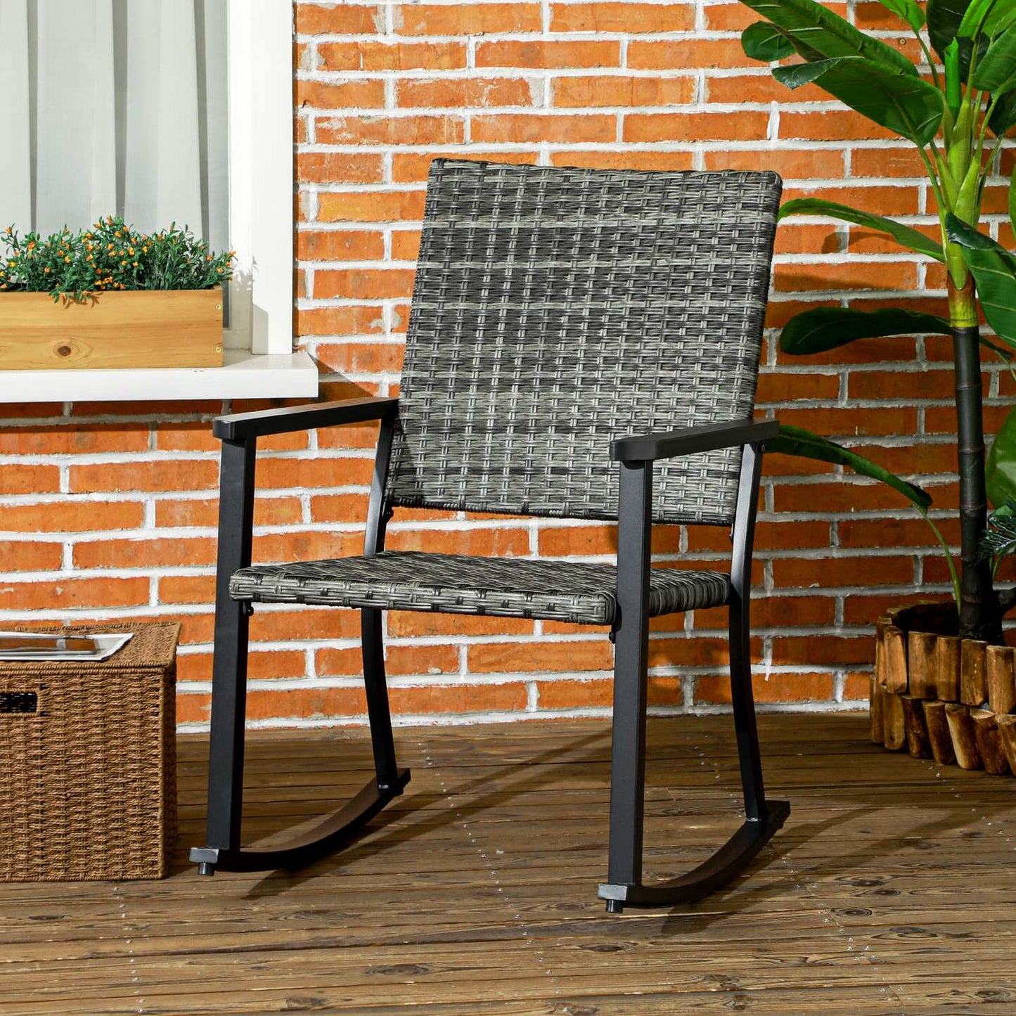 Rattan rocking chair, gray - patio & balcony sun lounger 62x75x95cm