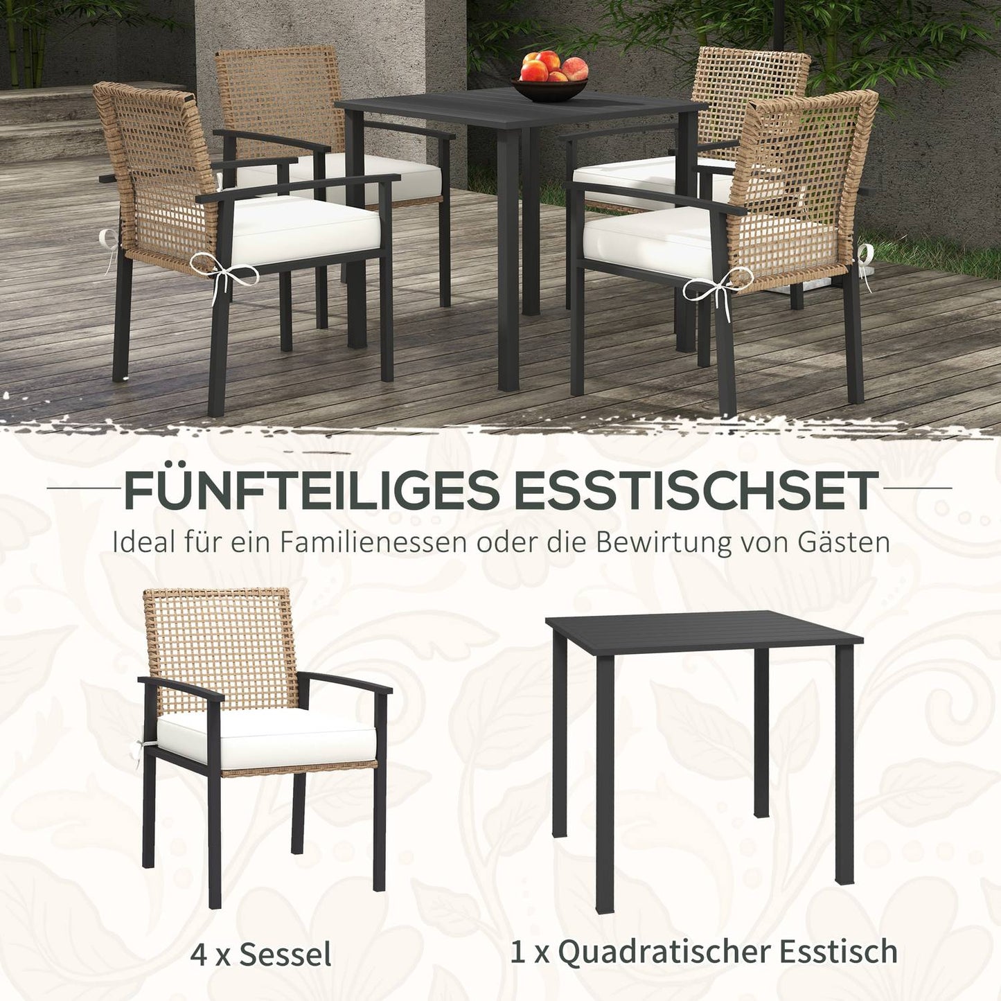 Garden furniture in rattan, 5 parts, with cushions