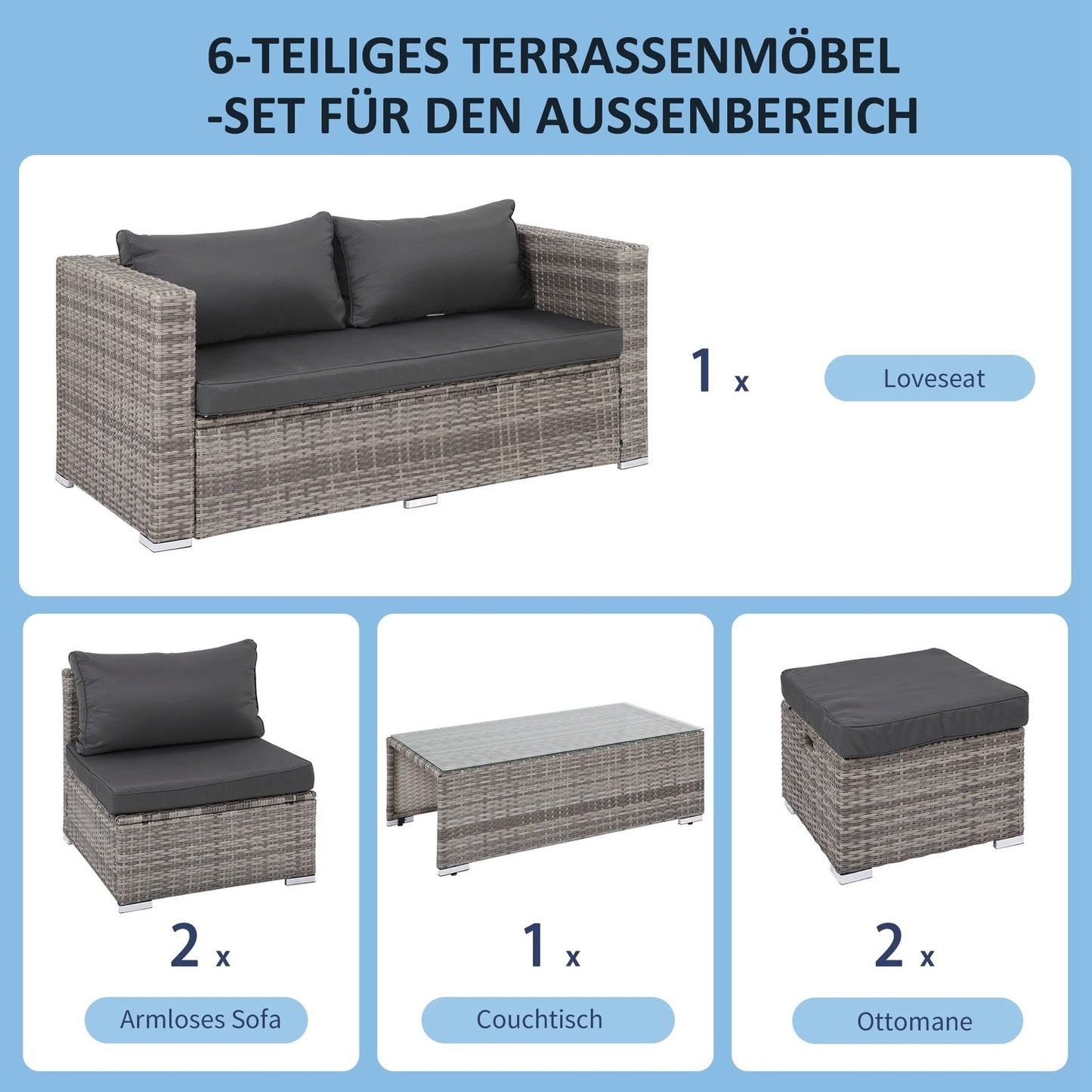 Garden furniture in rattan, 6 parts, metal frame, gray