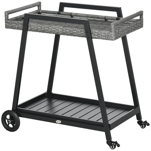 Rattan outdoor bar cart, gray - shelves & handles