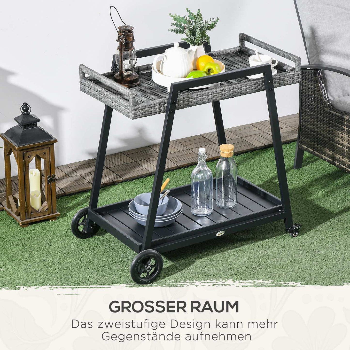 Rattan outdoor bar cart, gray - shelves & handles