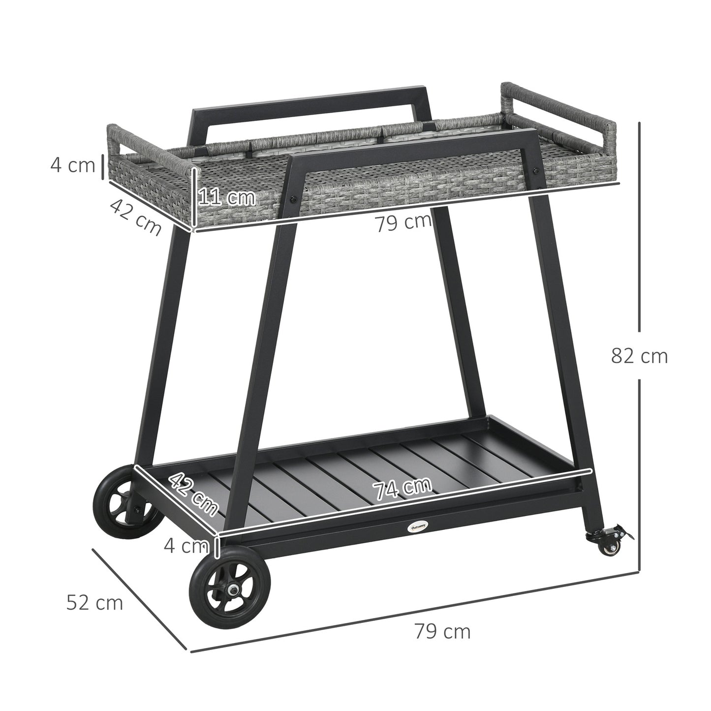Rattan outdoor bar cart, gray - shelves & handles