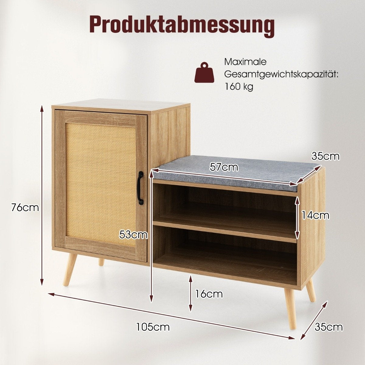 Rattan Shoe Cabinet with Bench 2-in-1 Shoe Changing Bench with 3 Adjustable Shelves 105 x 35 x 76 cm Natural
