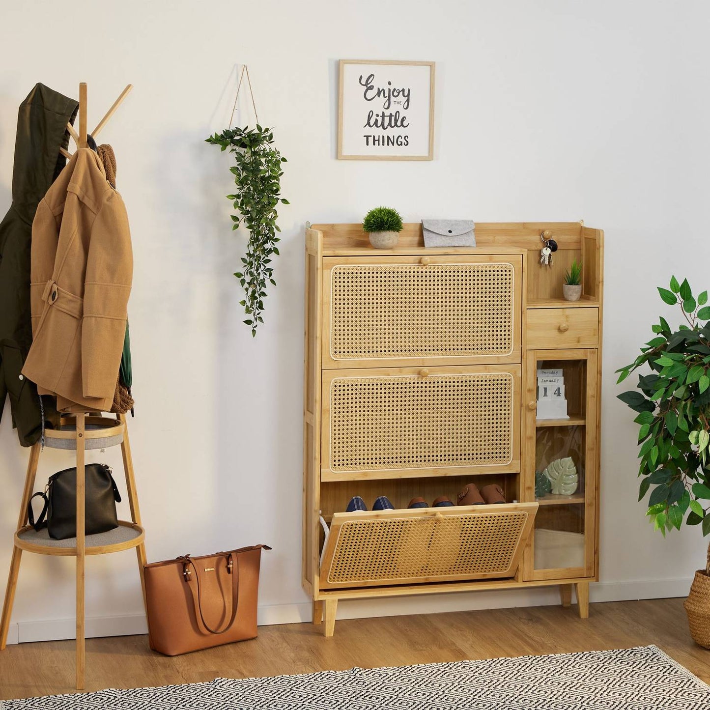 Rattan Shoe Cabinet with Storage, Space-Saving Design