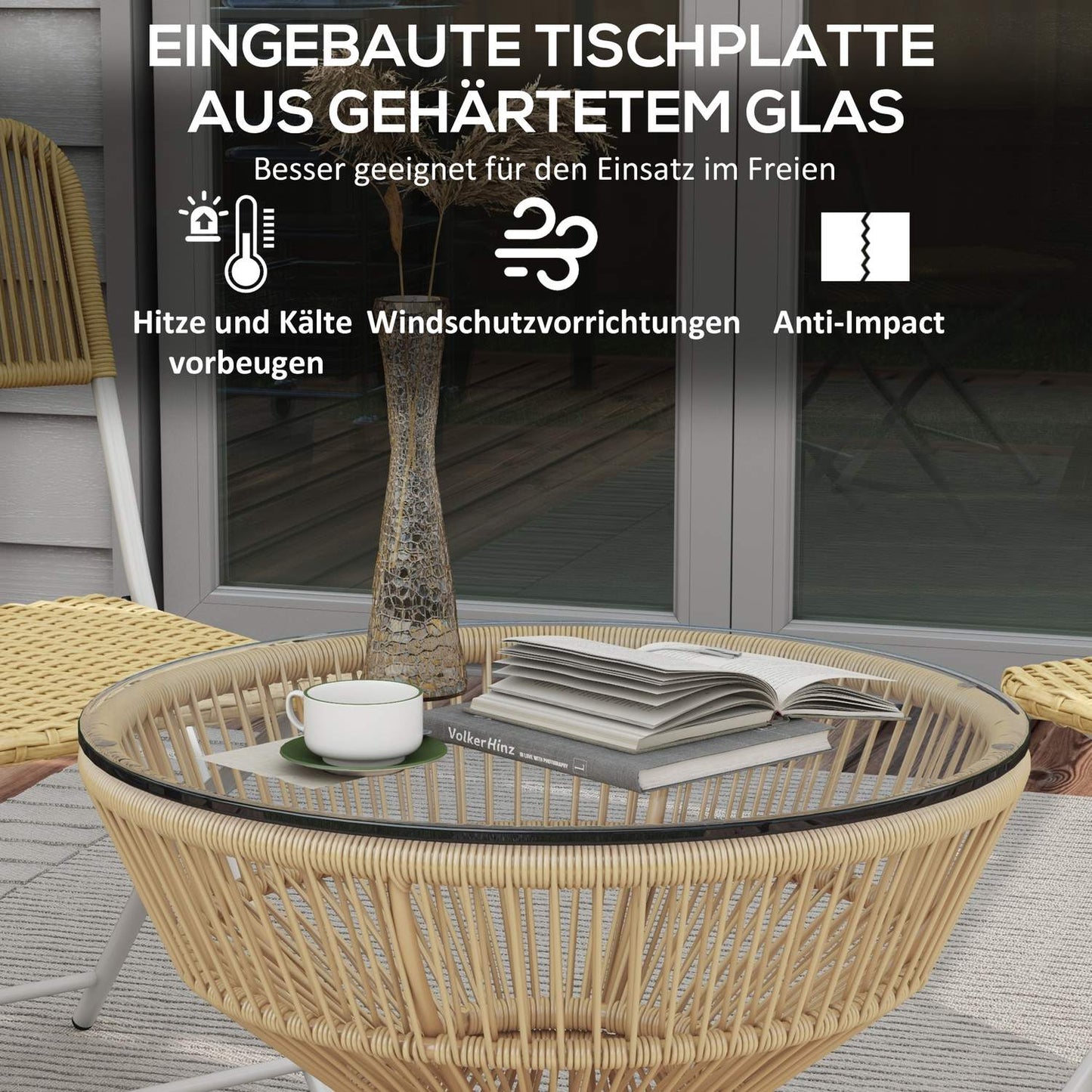 Rattan side table with tempered glass, Ø60 Cm