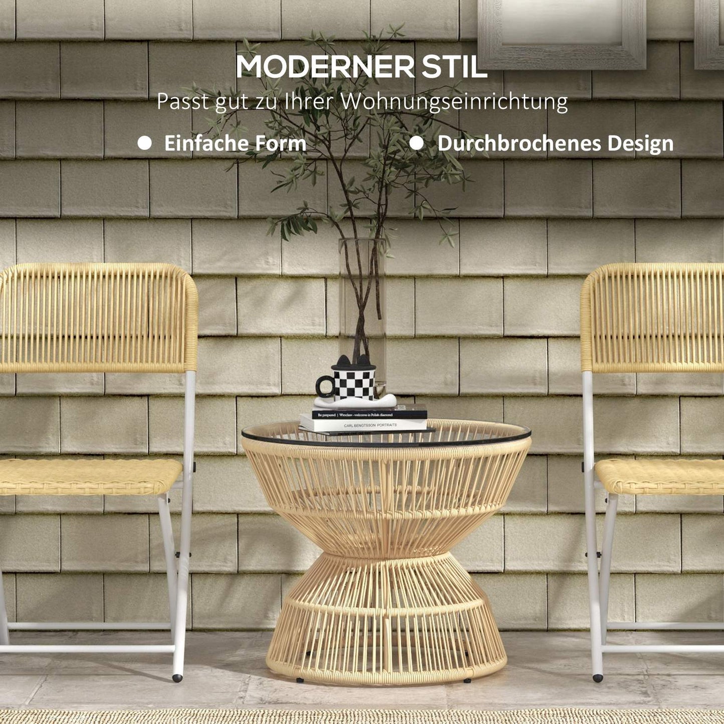 Rattan side table with tempered glass, Ø60 Cm