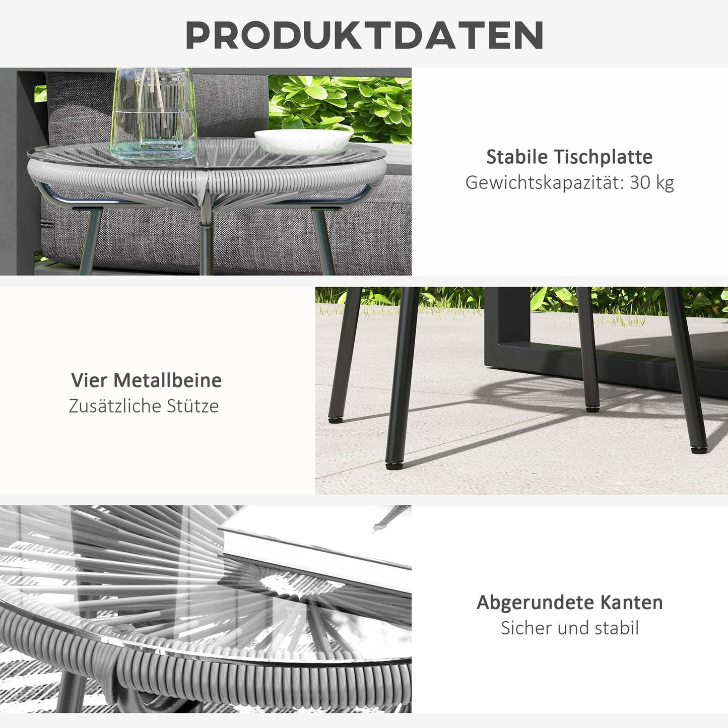 Round rattan coffee table - Glass top, 50x50x50cm, black/grey
