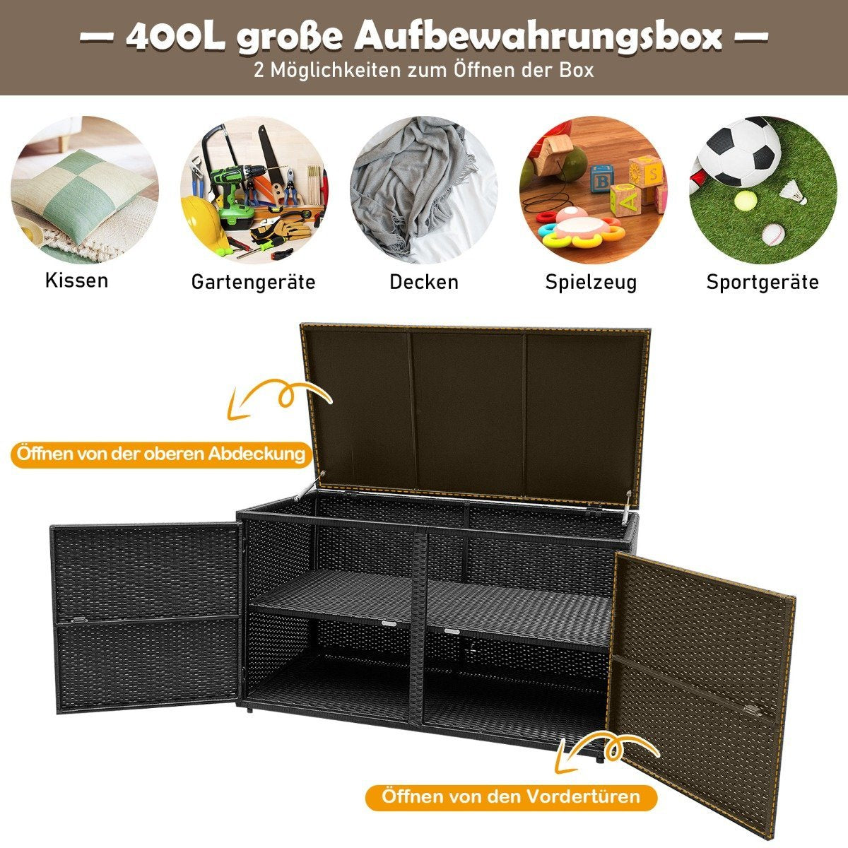 Rattan Storage Box, 335L, Double Doors & Lid, Black