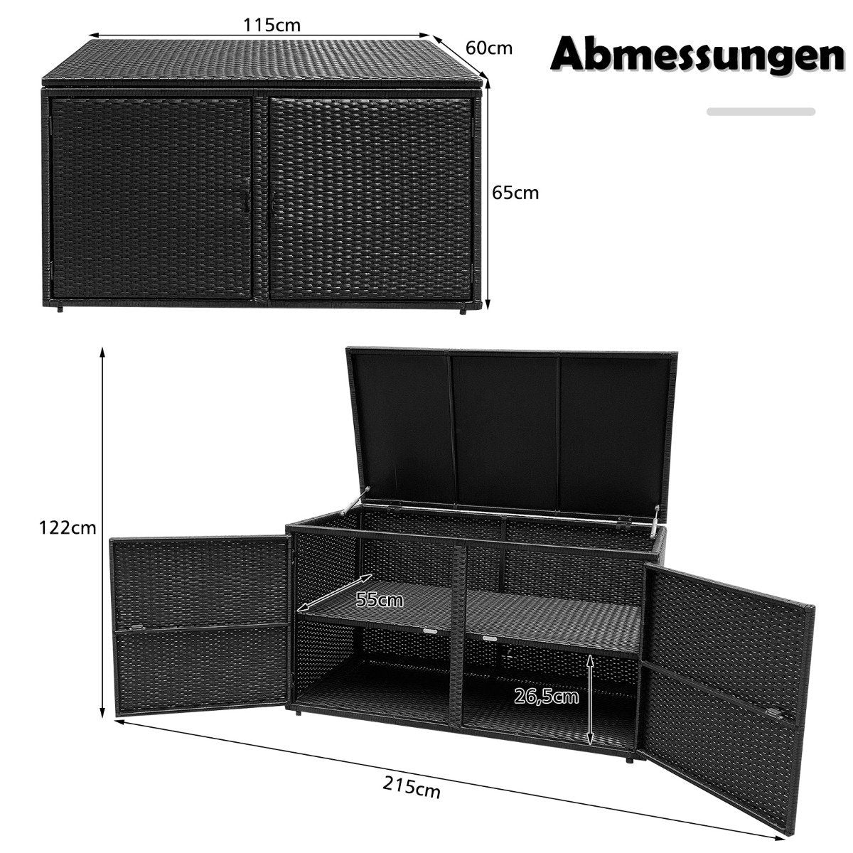 Rattan Storage Box, 335L, Double Doors & Lid, Black