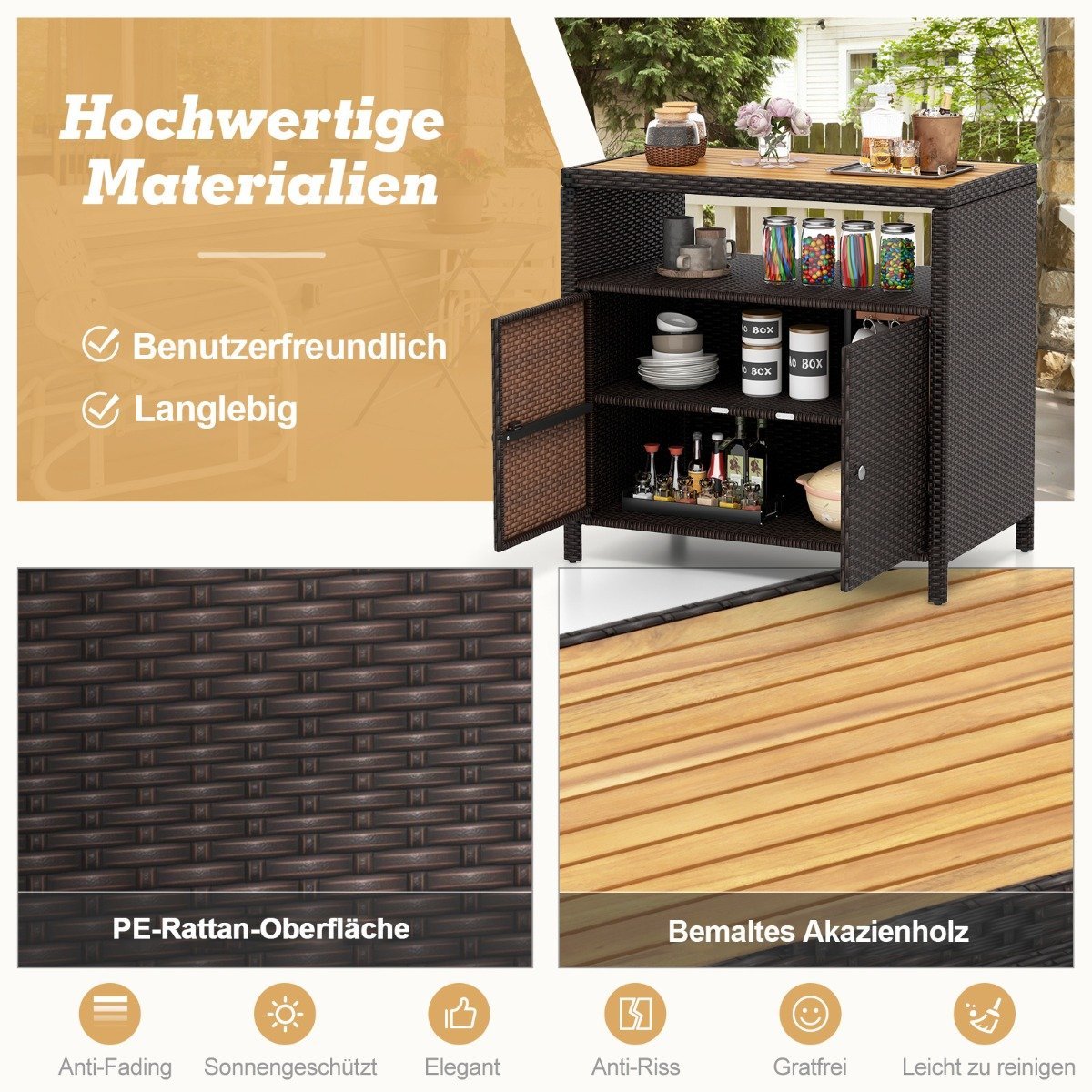 Rattan Storage Cabinet with Acacia Wood Countertop &amp; Open compartment brown