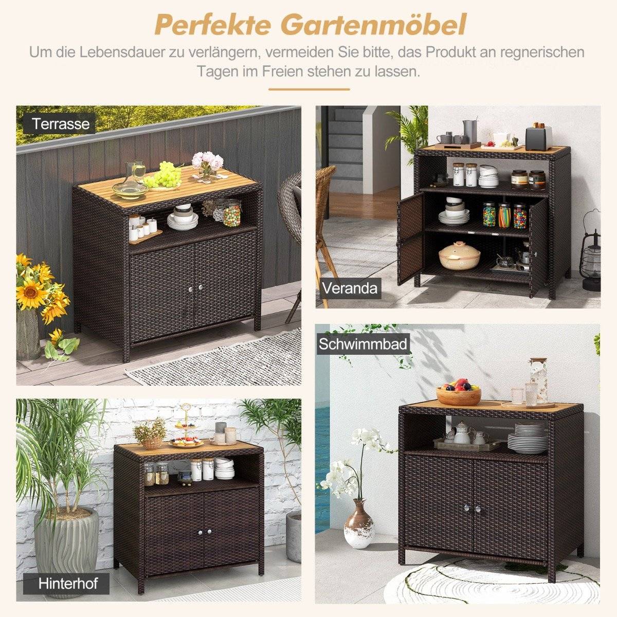 Rattan Storage Cabinet with Acacia Wood Countertop &amp; Open compartment brown