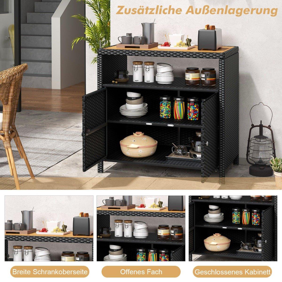 Rattan Storage Cabinet with Acacia Wood Top, Black