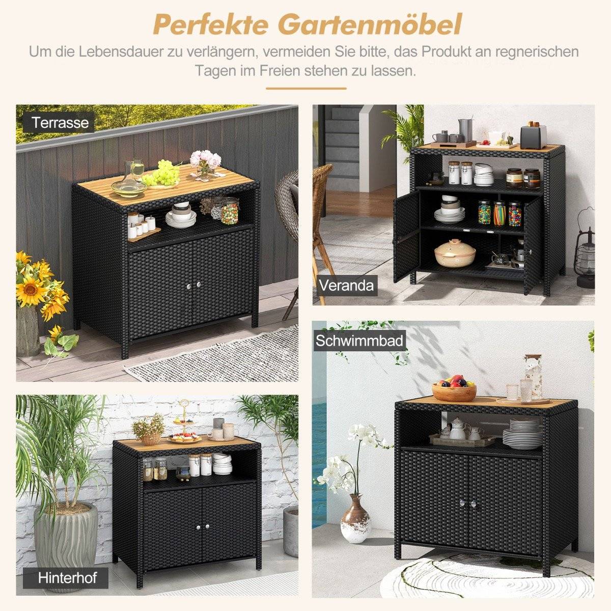Rattan Storage Cabinet with Acacia Wood Top, Black