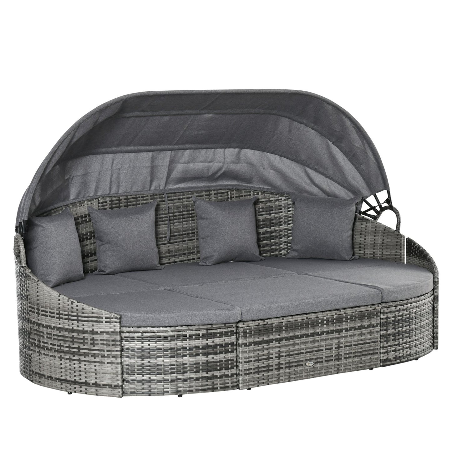 Sun lounger set in rattan with canopy and cushions, gray 230x145x80 cm