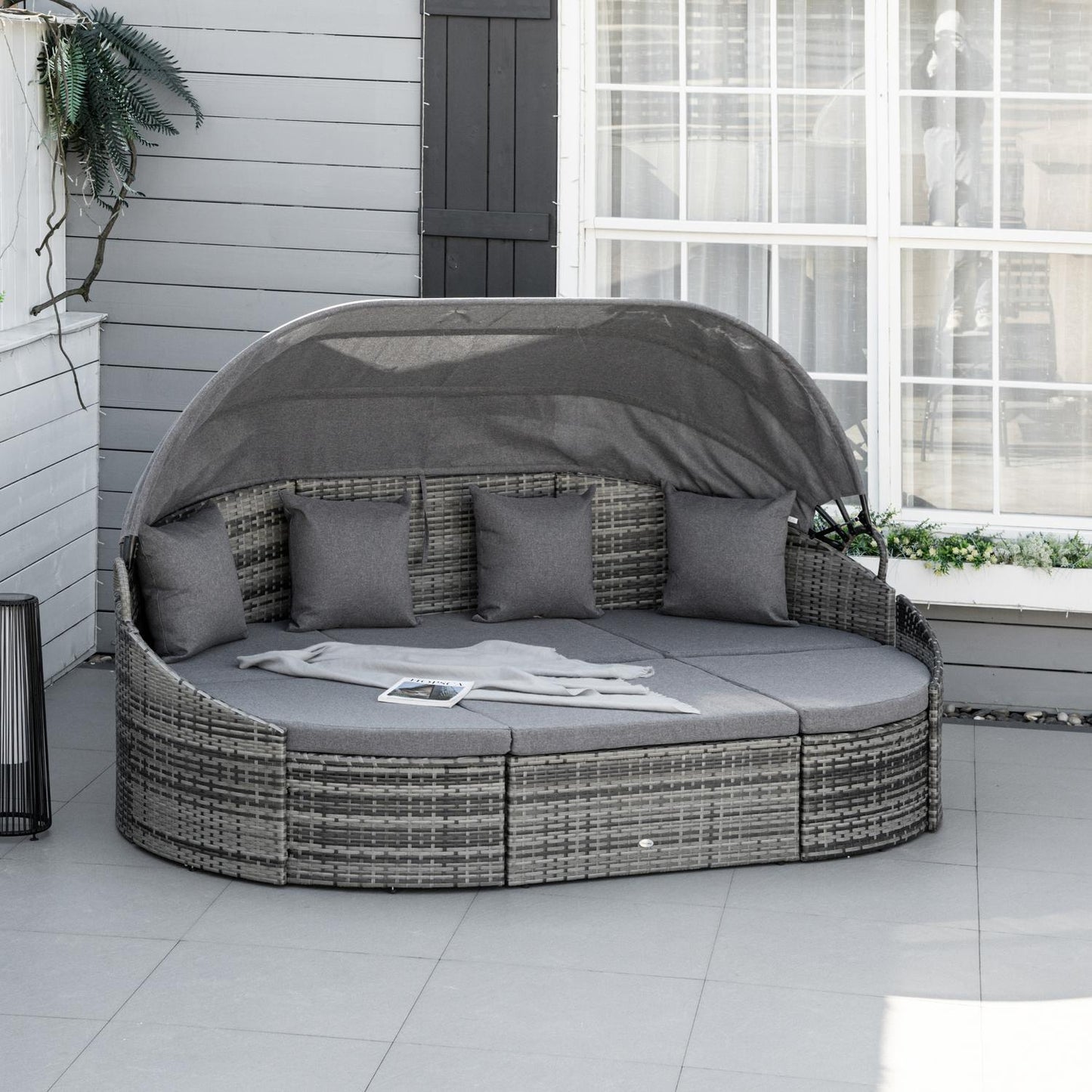 Sun lounger set in rattan with canopy and cushions, gray 230x145x80 cm