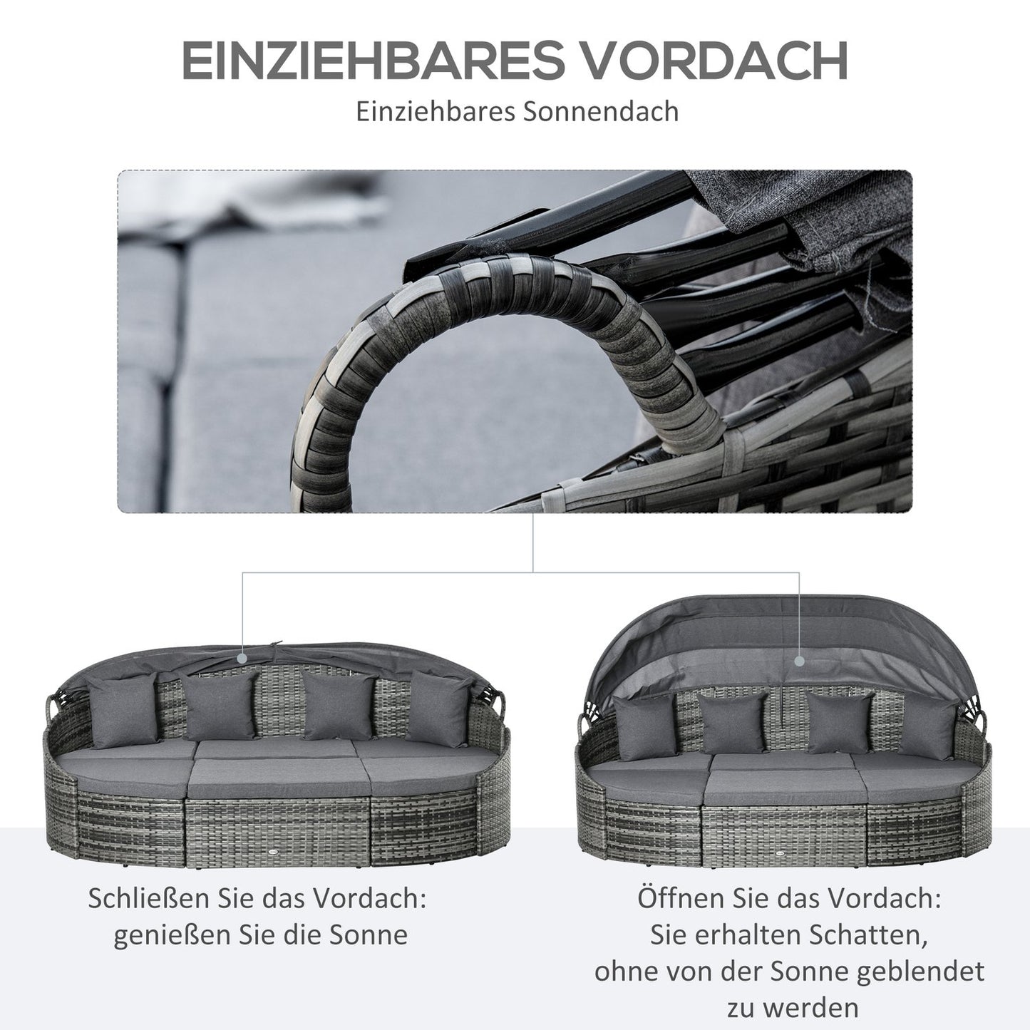 Sun lounger set in rattan with canopy and cushions, gray 230x145x80 cm
