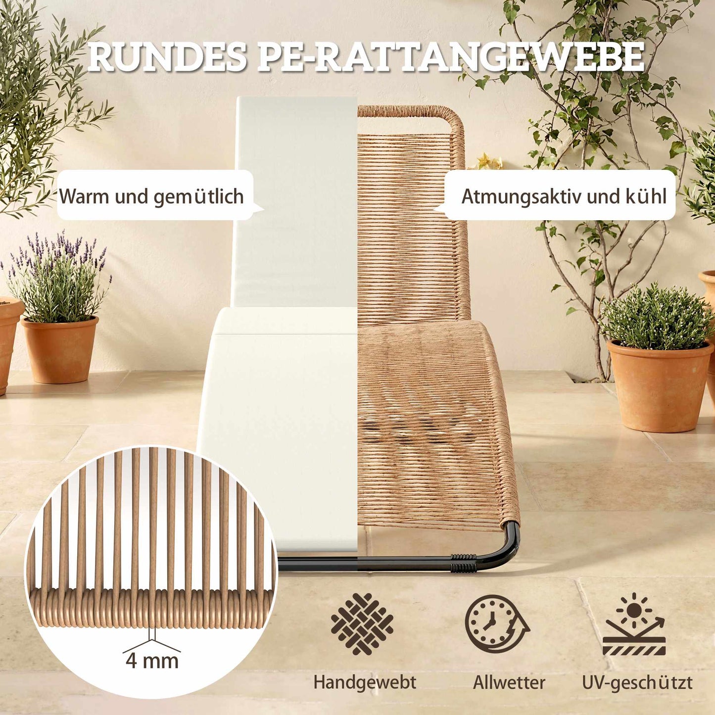 Rattan Sun Lounger with Cushion, Ergonomic S-Curve, 195 cm