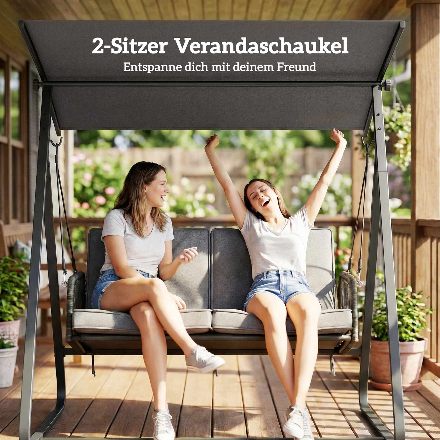Rattan Swing Chair with Cushions, Adjustable Canopy