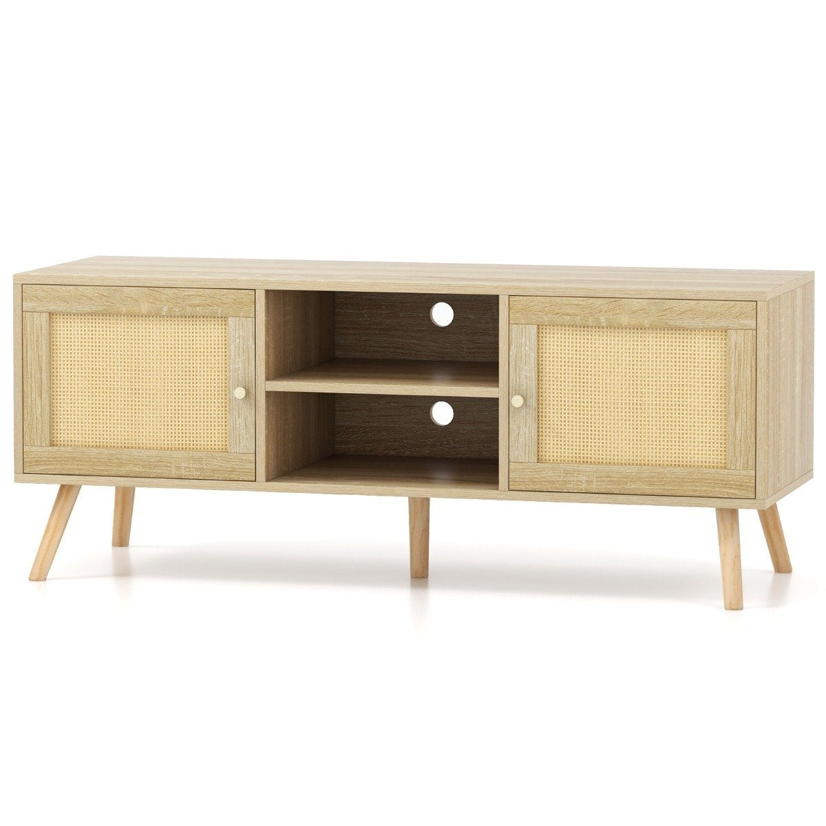 Rattan TV cabinet with 2 doors & open compartments for TVs up to 55 inches 120 x 40 x 48.5 cm