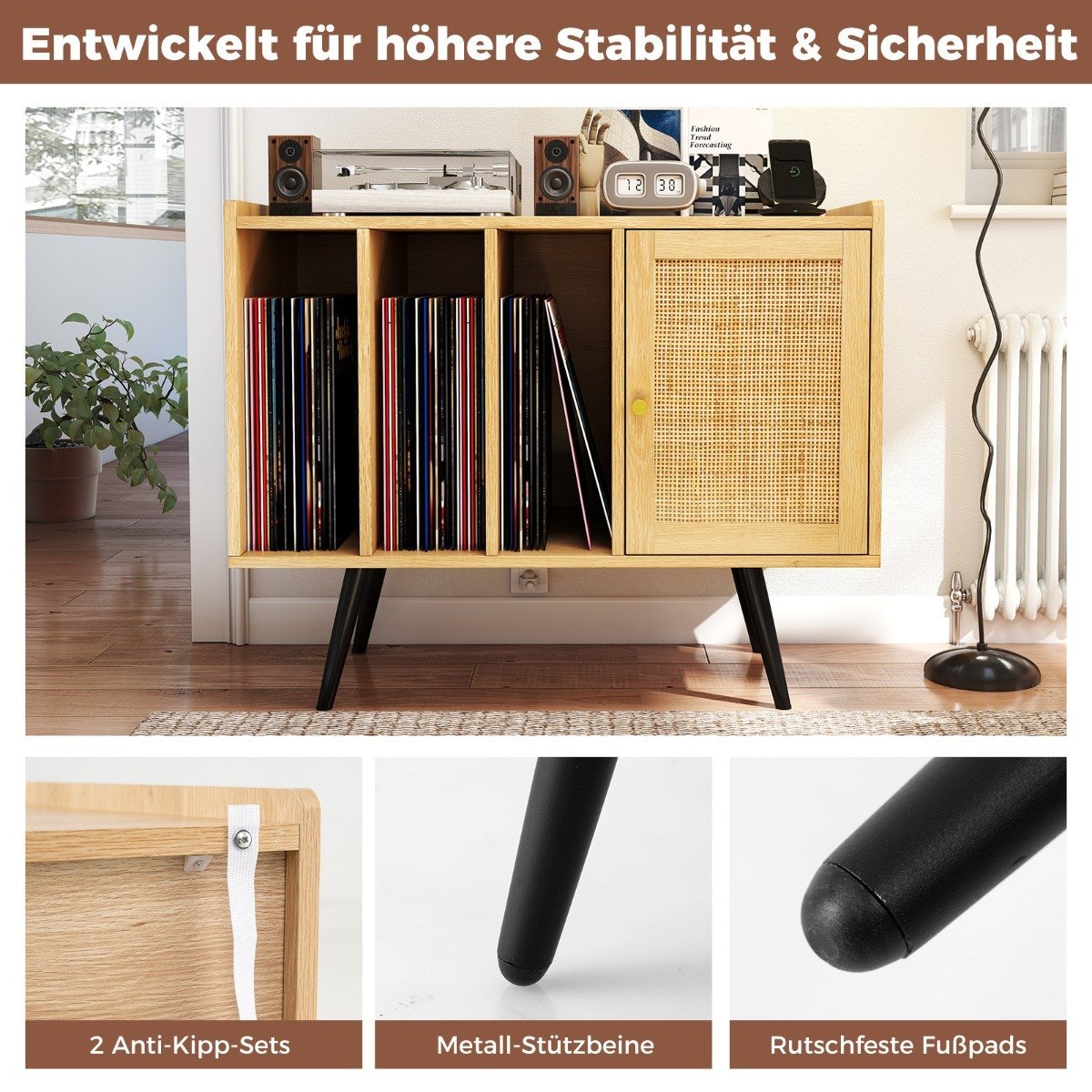 Rattan Turntable Stand with Charging Station, Holds 220 Vinyls