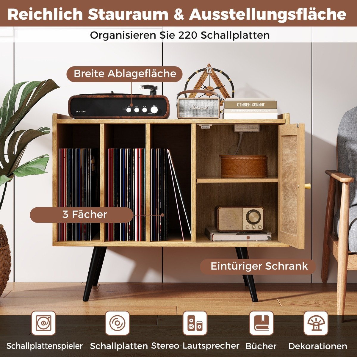 Rattan Turntable Stand with Charging Station, Holds 220 Vinyls