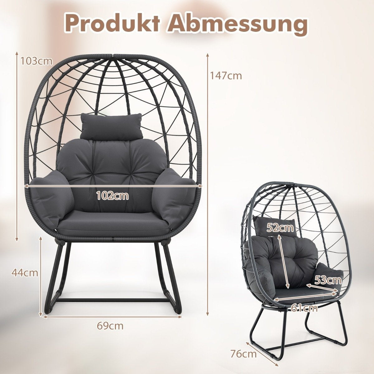 Rattan Wicker Chair with Removable Cushion &amp; Metal Frame Oversized Lounge Chair Gray