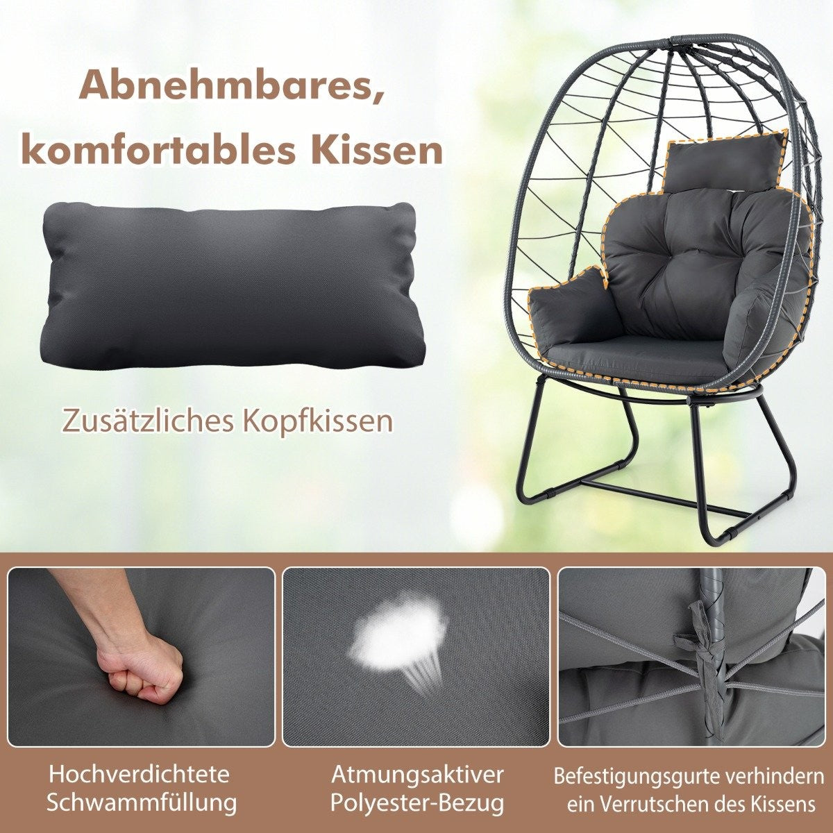 Rattan Wicker Chair with Removable Cushion &amp; Metal Frame Oversized Lounge Chair Gray