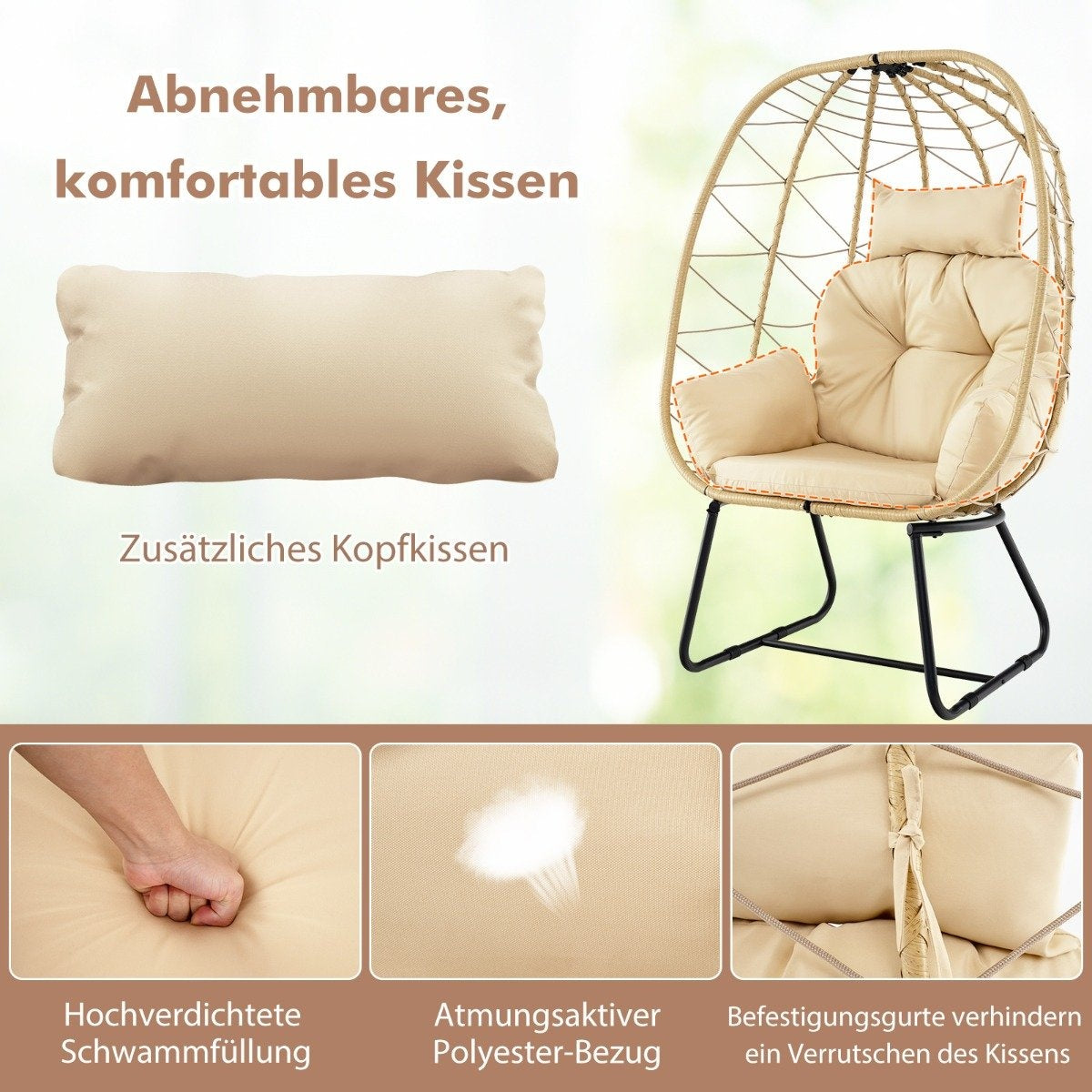 Rattan Wicker Chair with Removable Cushion &amp; Metal frame oversized lounge chair beige