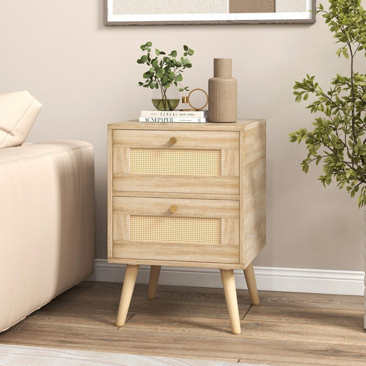 Rattan bedside table in boho style with 2 drawers & solid wood legs Modern bedside table