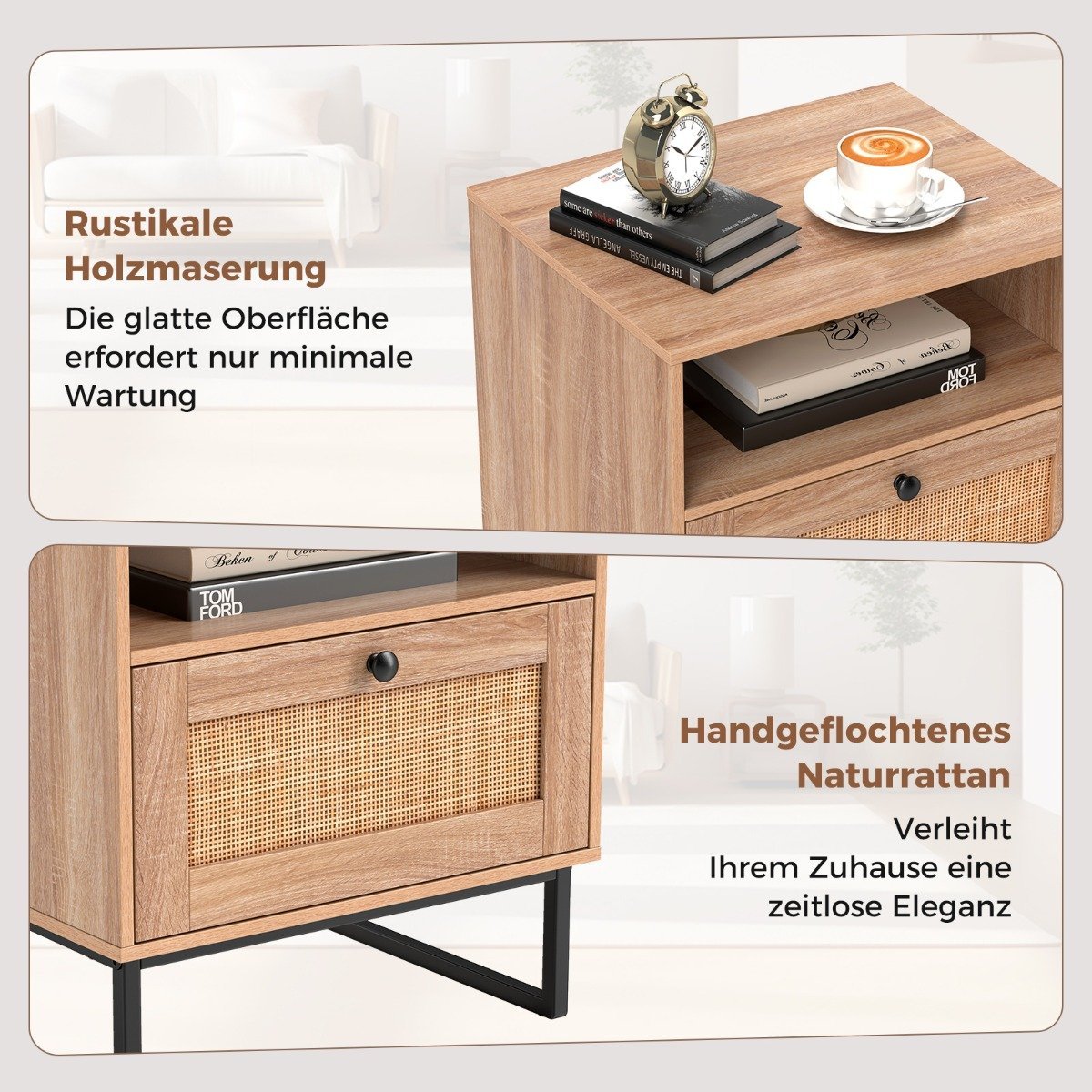Rattan bedside table in medieval style with drawer & open compartment side table accent table