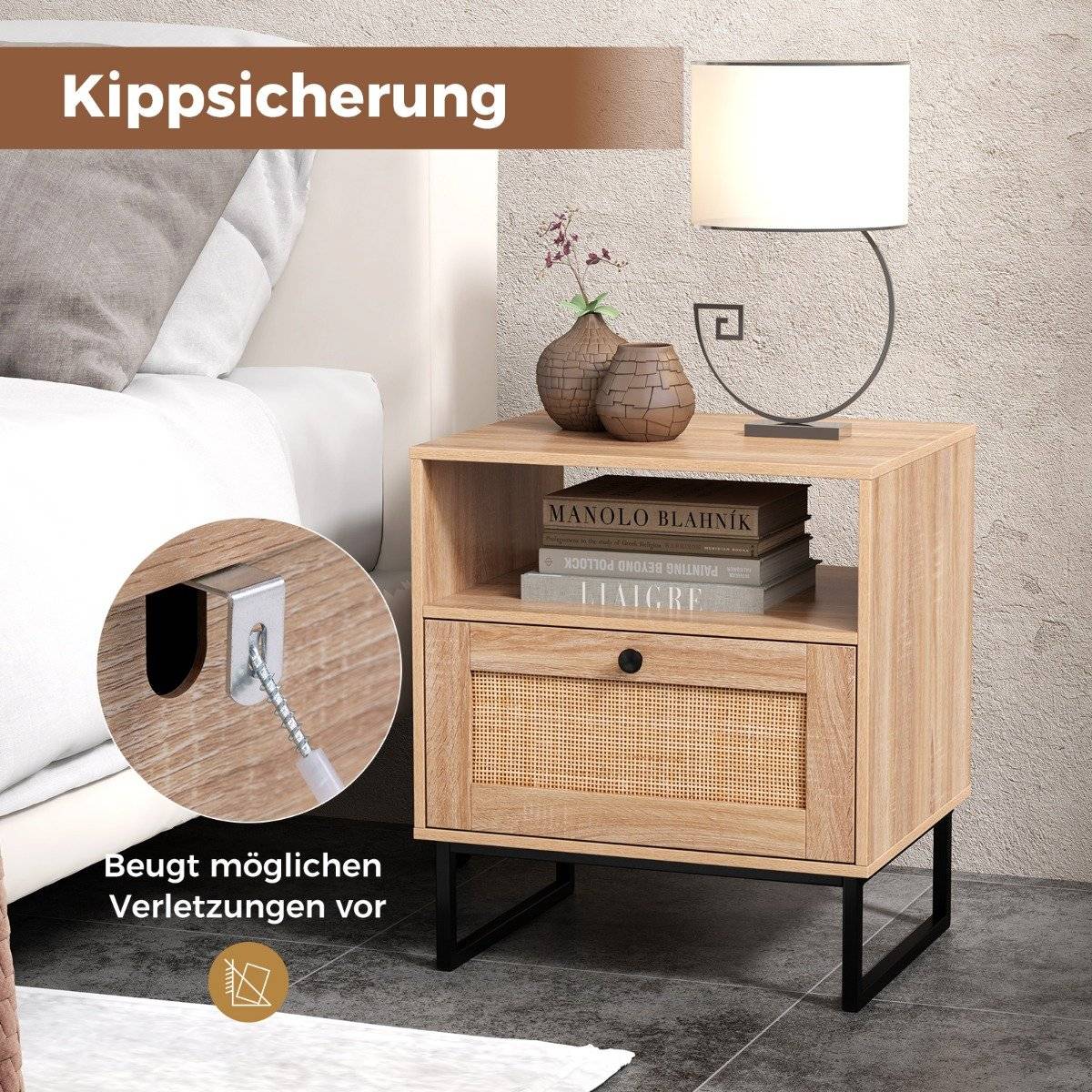 Rattan bedside table in medieval style with drawer & open compartment side table accent table