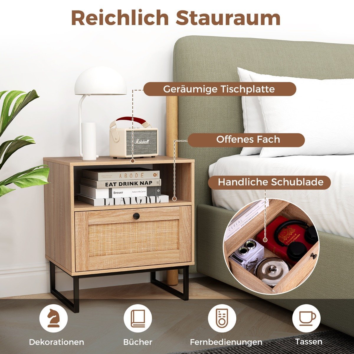 Rattan bedside table in medieval style with drawer & open compartment side table accent table