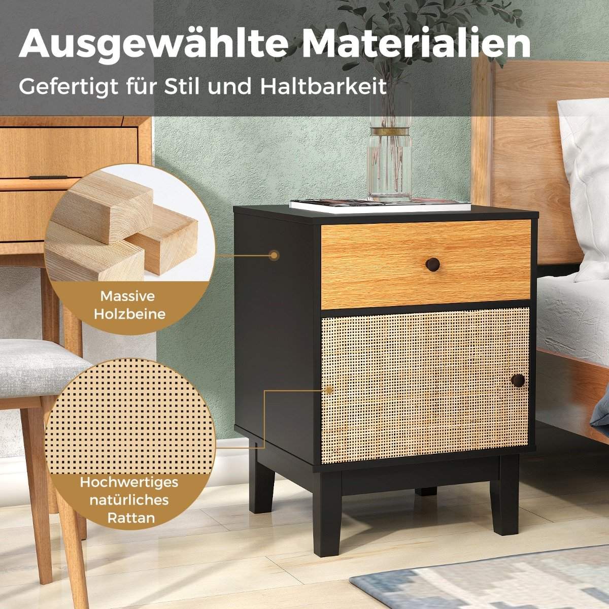 Rattan bedside table with drawer & cabinet bedside table side table sofa table in boho style