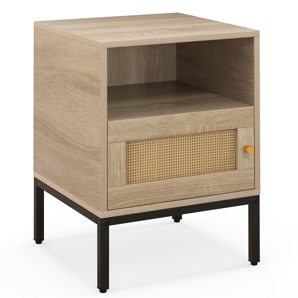 Rattan bedside table with open shelf and cupboard 40 x 40 x 57 cm natural