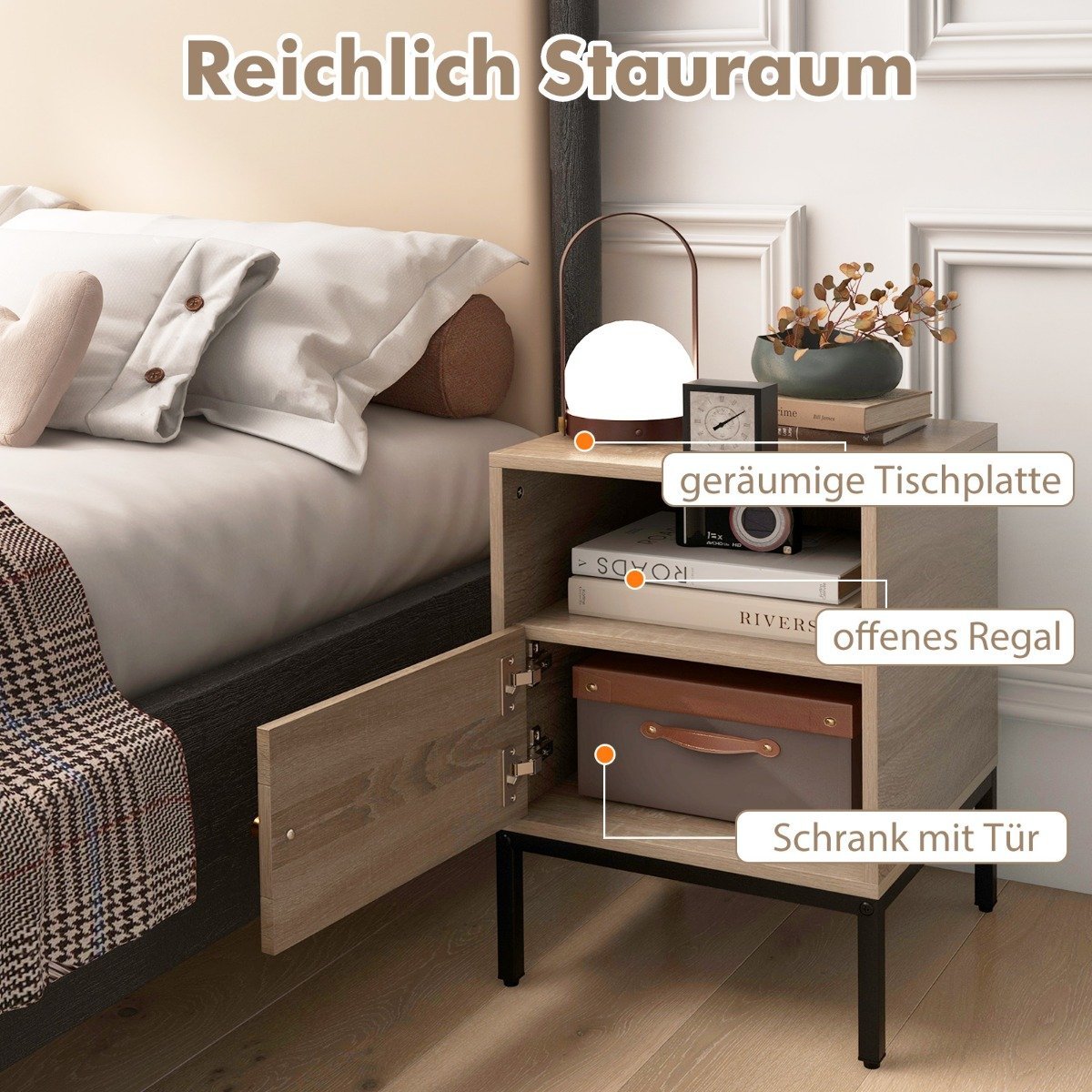 Rattan bedside table with open shelf and cupboard 40 x 40 x 57 cm natural