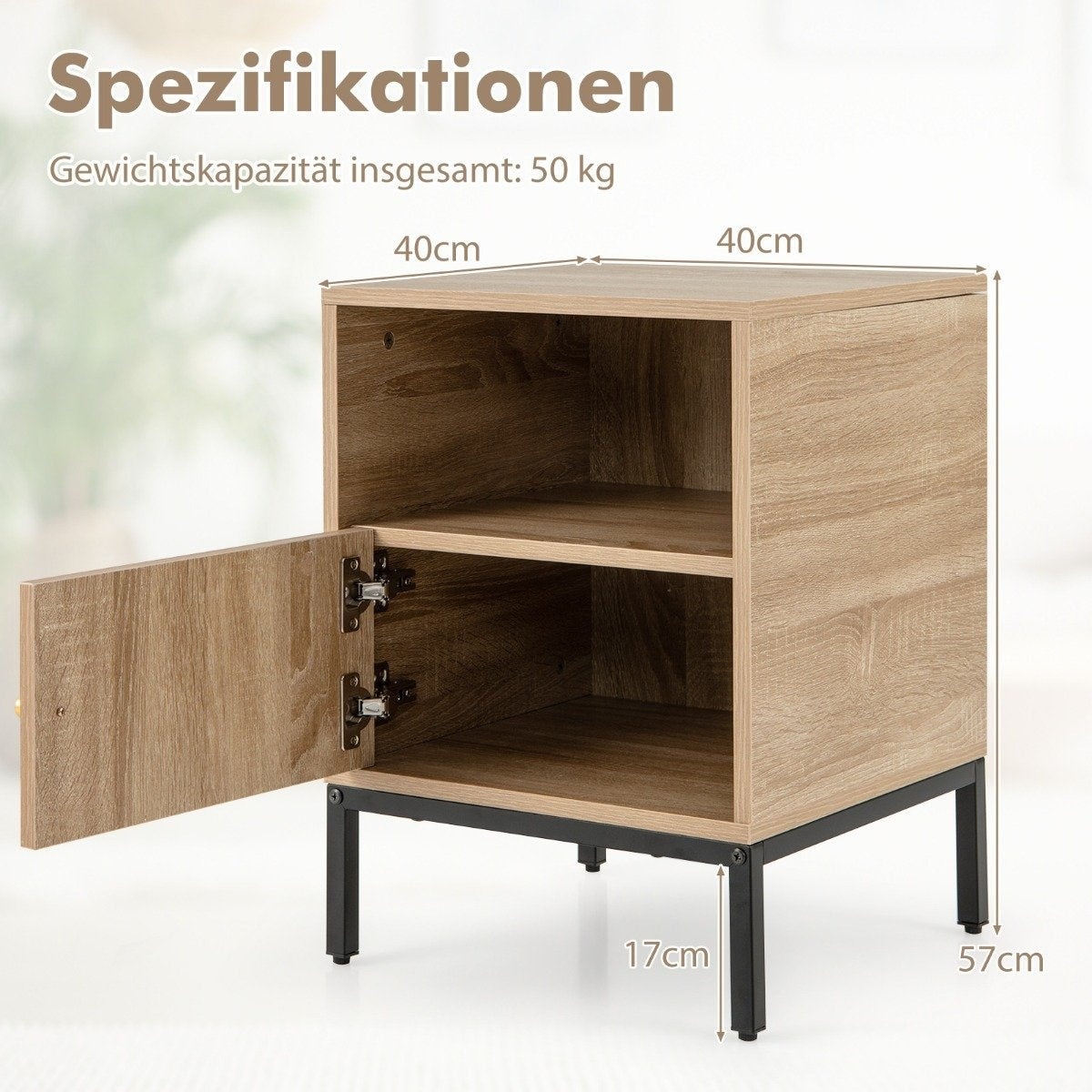 Rattan bedside table with open shelf and cupboard 40 x 40 x 57 cm natural